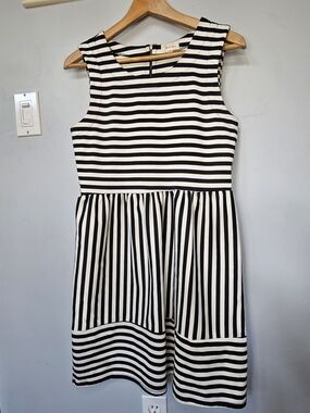 Hearts Black White Stripe Fit Flare Mini Dress Women's Large Gold Zip Sleeveless
